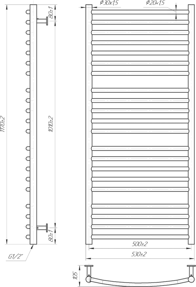 Габаритні розміри Рушникосушка водяна Mario INOX Фенікс 1170х530/500