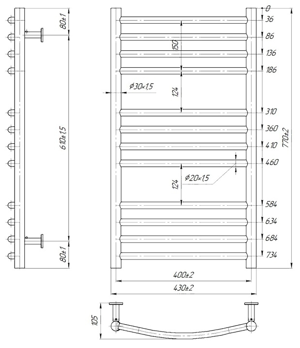 Габаритні розміри Рушникосушка водяна Mario INOX Фенікс 770х430/400