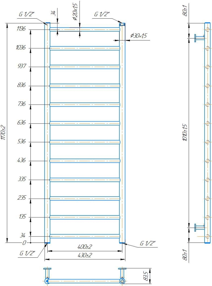 Габаритні розміри Рушникосушка водяна Mario INOX Флет 1170х430/400