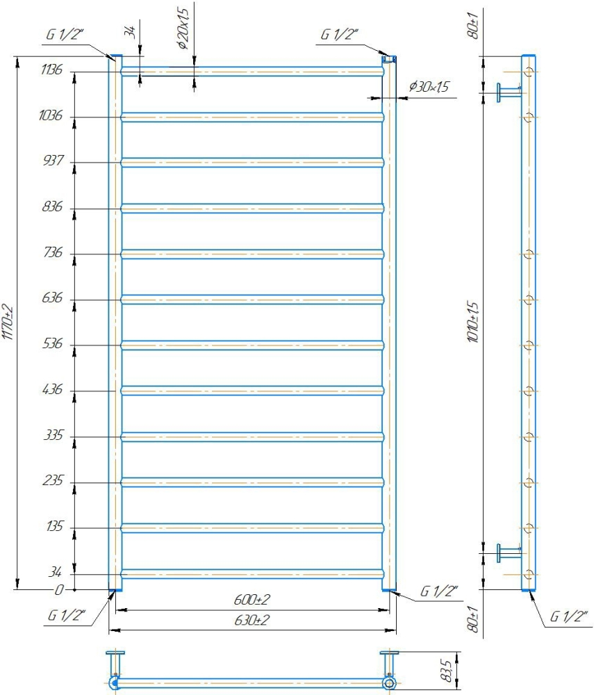 Габаритні розміри Рушникосушка водяна Mario INOX Флет 1170х630/600