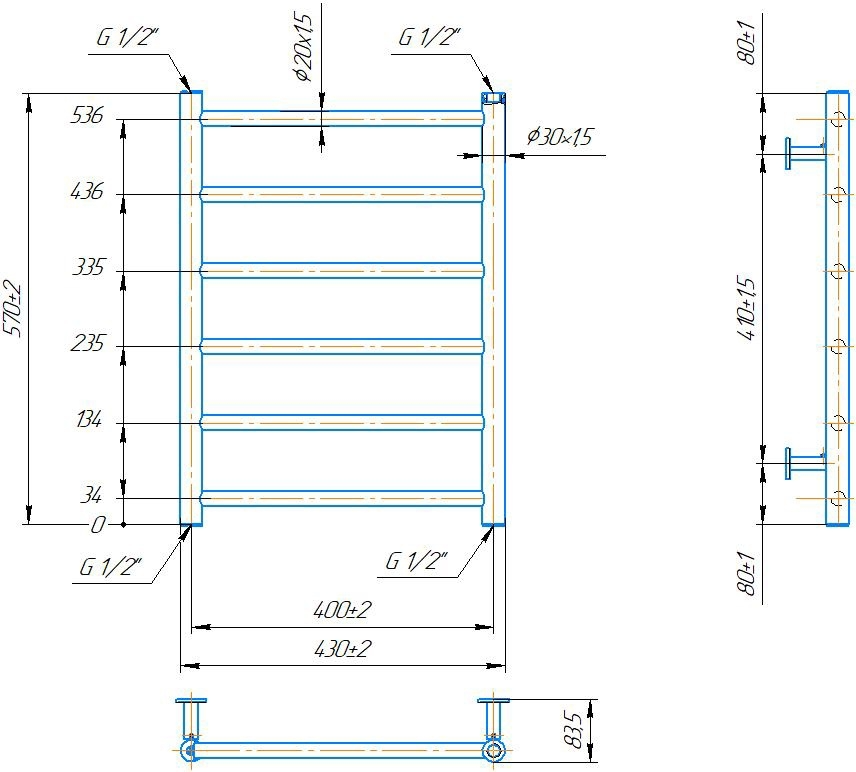 Габаритные размеры Полотенцесушитель водяной Mario INOX Флэт 570х430/400