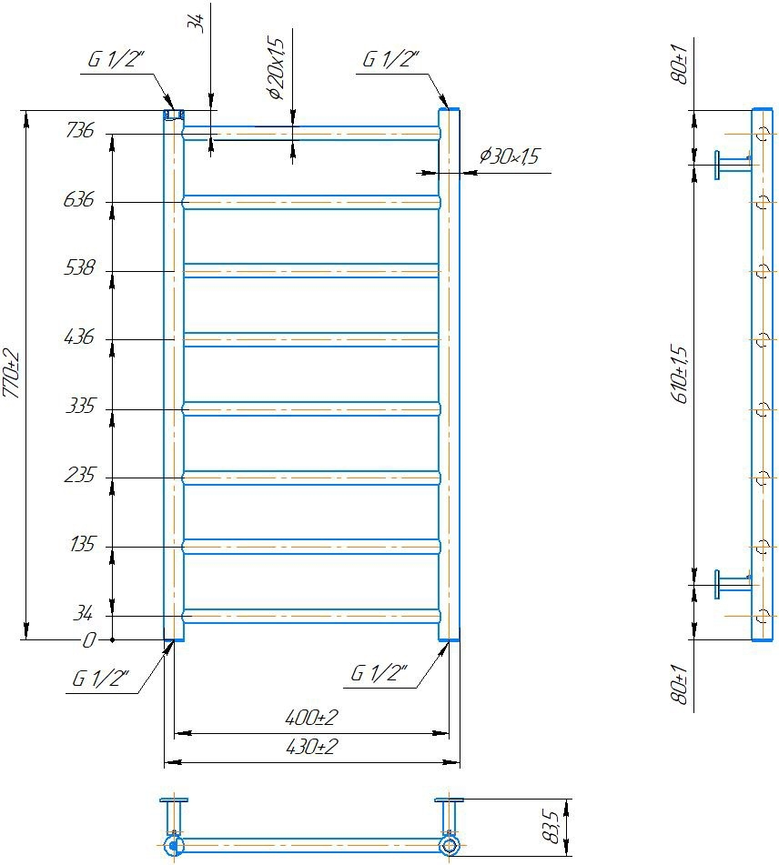 Габаритные размеры Полотенцесушитель водяной Mario INOX Флэт 770х430/400