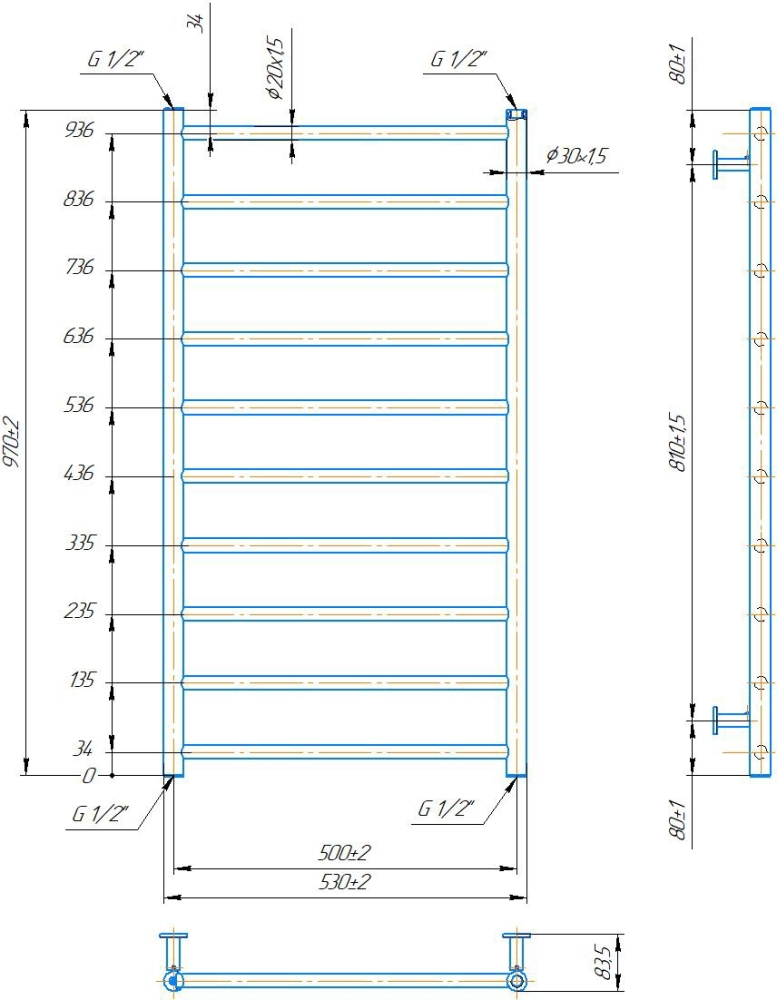 Габаритні розміри Рушникосушка водяна Mario INOX Флет 970х530/500