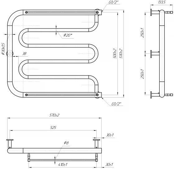 Габаритные размеры Полотенцесушитель водяной Mario INOX Фокстрот 530х570/500  