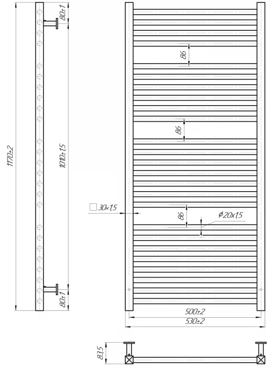 Габаритні розміри Рушникосушка водяна Mario INOX Гера 1170х530/500