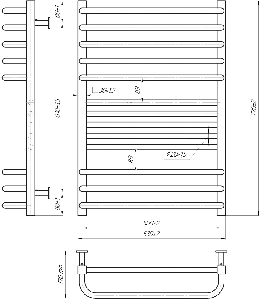Габаритні розміри Рушникосушка водяна Mario INOX Гера-Люкс 770х530/500
