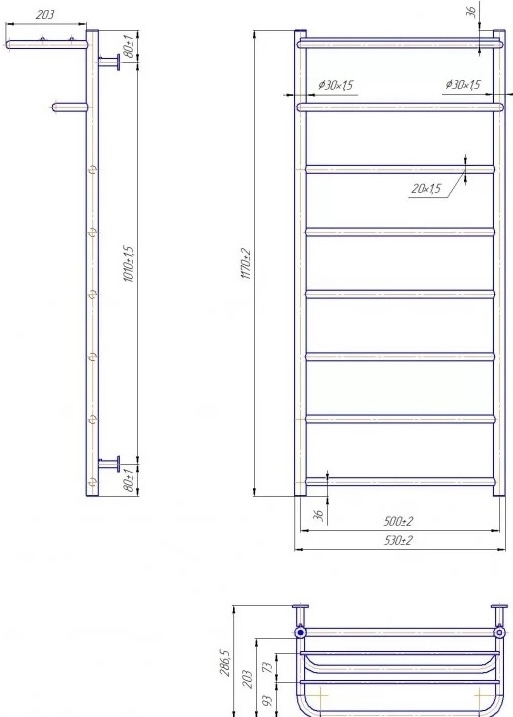 Габаритні розміри Рушникосушка водяна Mario INOX Готель 1170х530/500