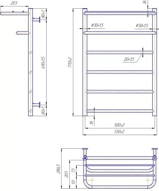 Габаритные размеры Полотенцесушитель водяной Mario INOX Отель 770х530/500