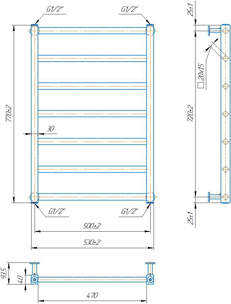Габаритні розміри Рушникосушка водяна Mario INOX Кіото 770х530/500