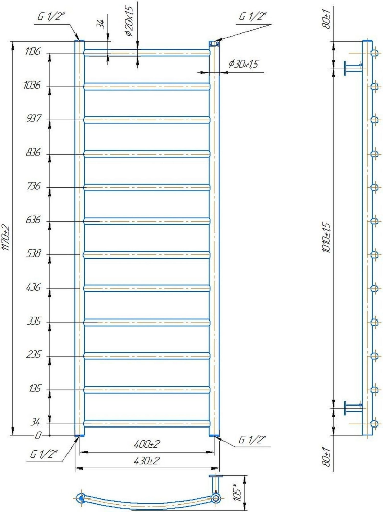 Габаритні розміри Рушникосушка водяна Mario INOX Класік 1170х430/400