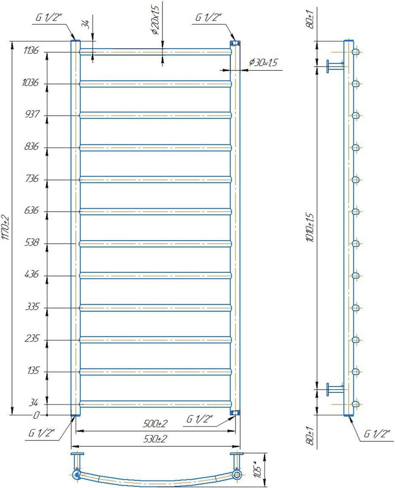 Габаритні розміри Рушникосушка водяна Mario INOX Класік 1170х530/500