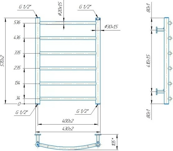 Габаритні розміри Рушникосушка водяна Mario INOX Класік 570х430/400