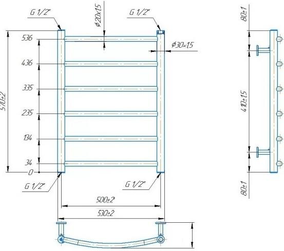 Габаритні розміри Рушникосушка водяна Mario INOX Класік 570х530/500