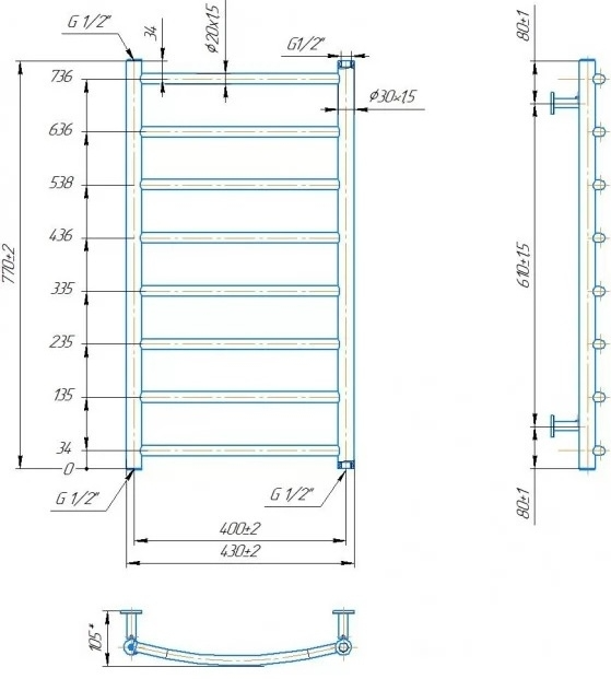 Габаритні розміри Рушникосушка водяна Mario INOX Класік 770х430/400