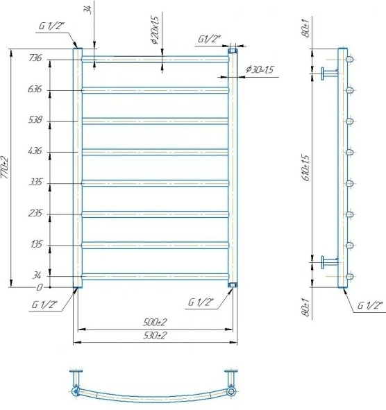 Габаритні розміри Рушникосушка водяна Mario INOX Класік 770х530/500