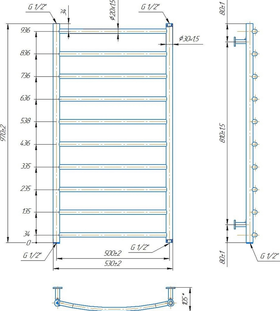 Габаритные размеры Полотенцесушитель водяной Mario INOX Классик 970х530/500