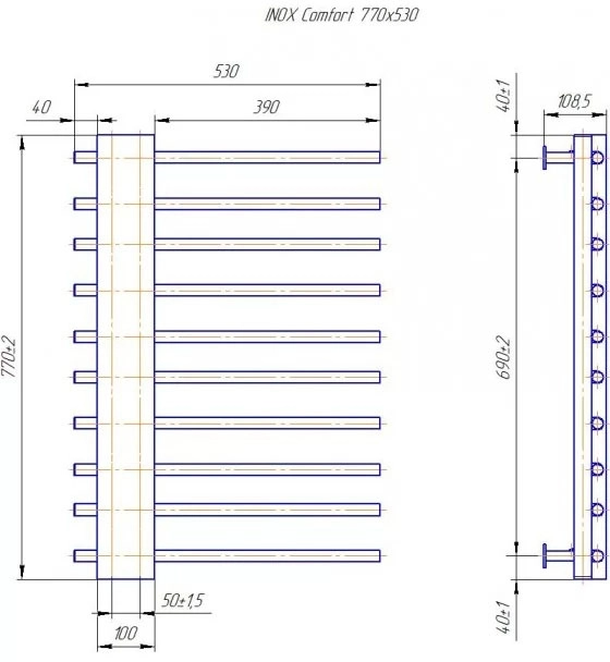 Габаритні розміри Рушникосушка водяна Mario INOX Комфорт 770х530/50