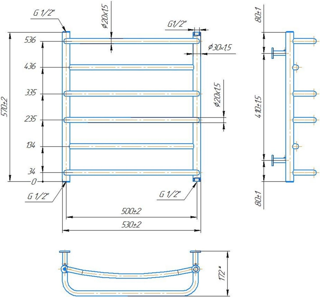 Габаритні розміри Рушникосушка водяна Mario INOX Люкс 570х530/500