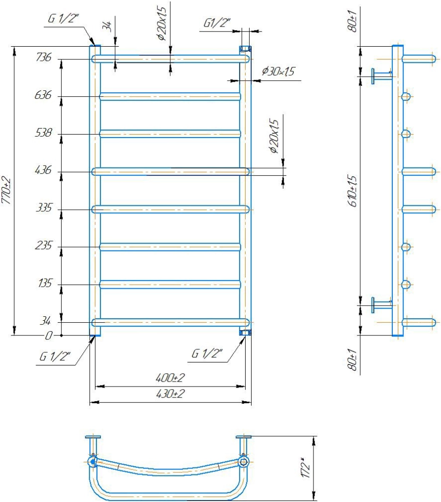 Габаритні розміри Рушникосушка водяна Mario INOX Люкс 770х430/400