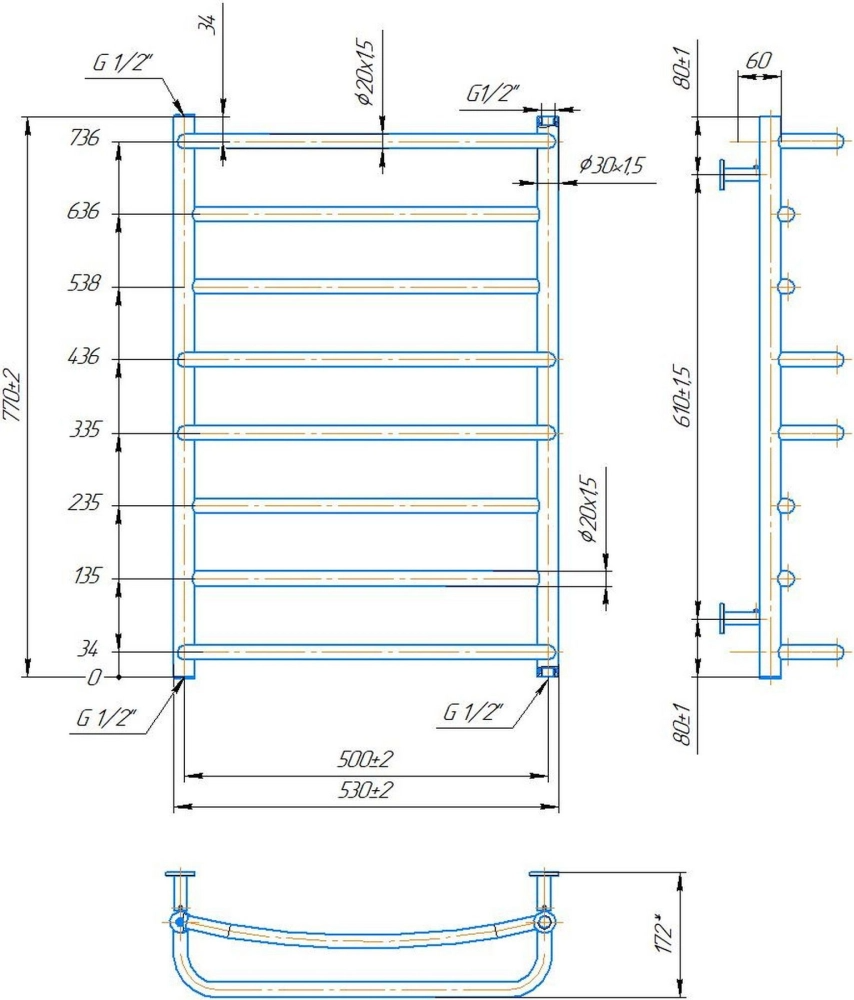 Габаритні розміри Рушникосушка водяна Mario INOX Люкс 770х530/500