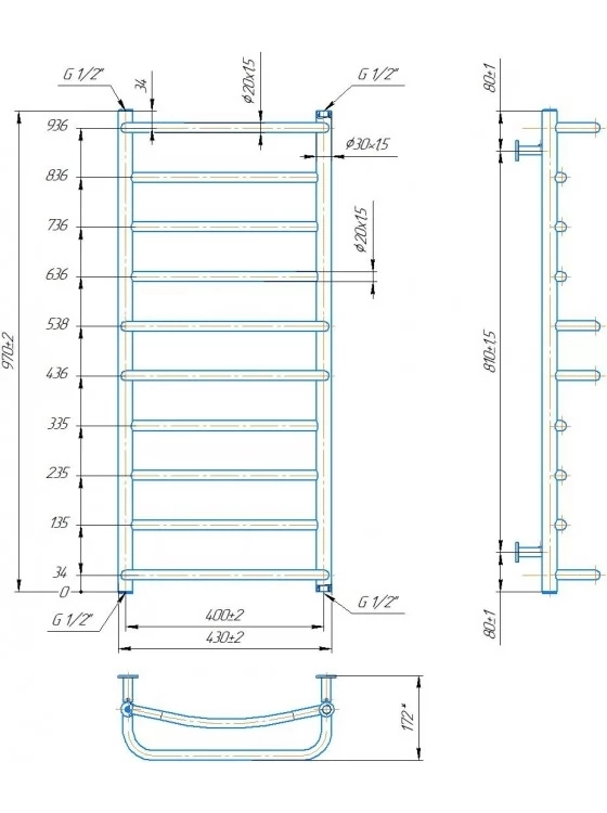 Габаритные размеры Полотенцесушитель водяной Mario INOX Люкс 970х430/400