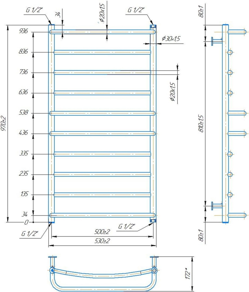 Габаритні розміри Рушникосушка водяна Mario INOX Люкс 970х530/500