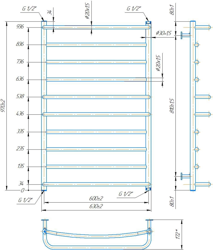 Габаритные размеры Полотенцесушитель водяной Mario INOX Люкс 970х630/600