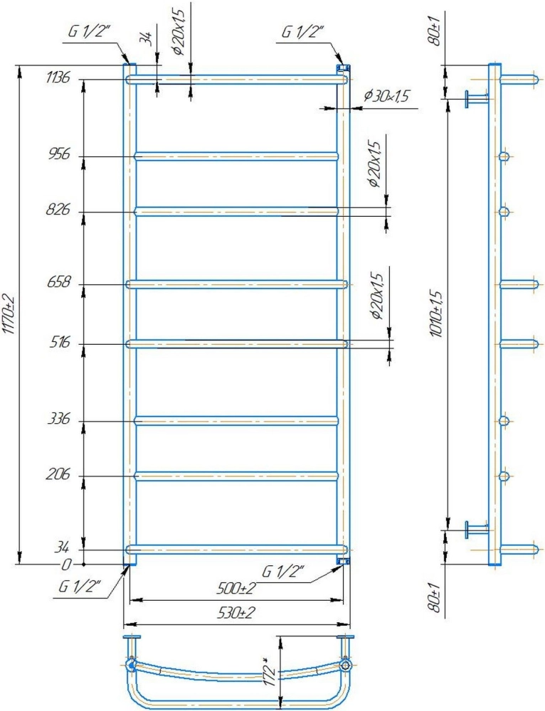Габаритні розміри Рушникосушка водяна Mario INOX Люкс HP 1170х530/500