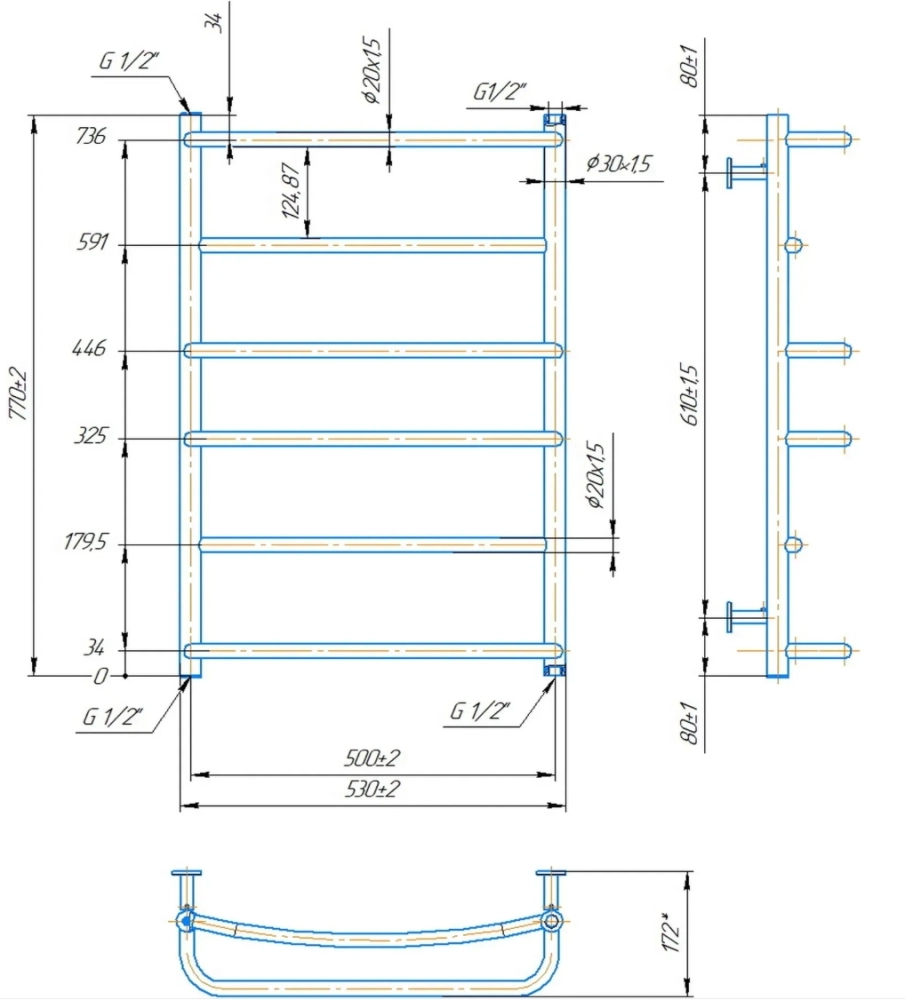 Габаритні розміри Рушникосушка водяна Mario INOX Люкс HP 770х530/500
