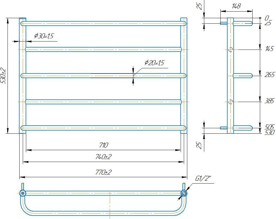 Габаритні розміри Рушникосушка водяна Mario INOX Люкс Сіті 430х770/740