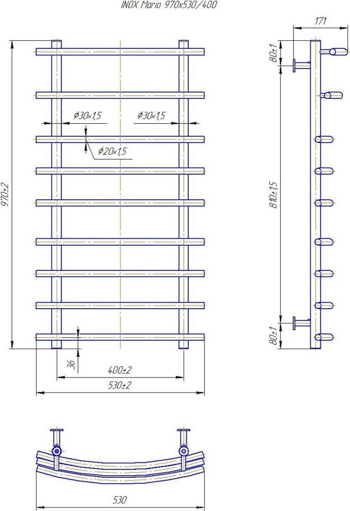 Габаритные размеры Полотенцесушитель водяной Mario INOX Марио 970х530/400