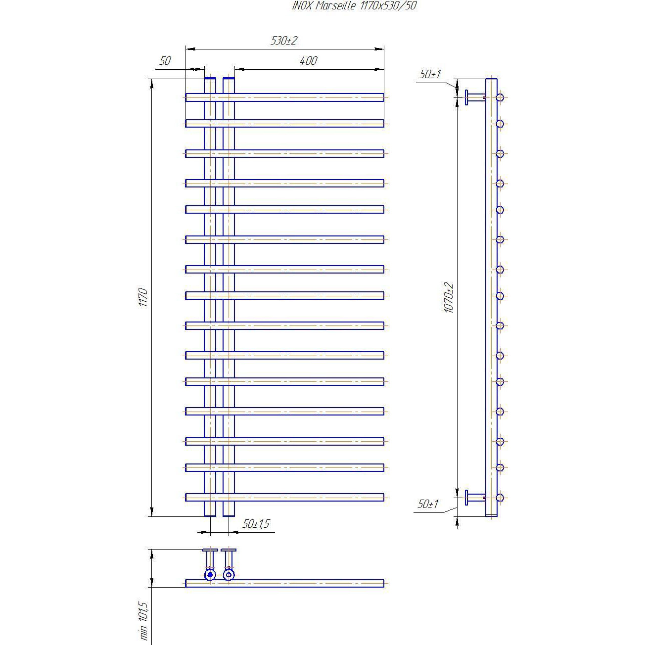 Габаритные размеры Полотенцесушитель водяной Mario INOX Марсель 1170х530/50  