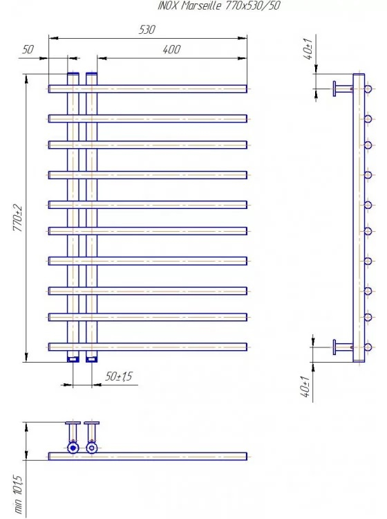 Габаритные размеры Полотенцесушитель водяной Mario INOX Марсель 770х530/50  