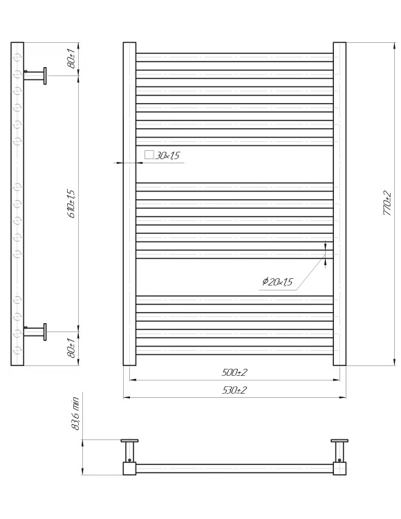 Габаритные размеры Полотенцесушитель водяной Mario INOX Модена 1170х540/500