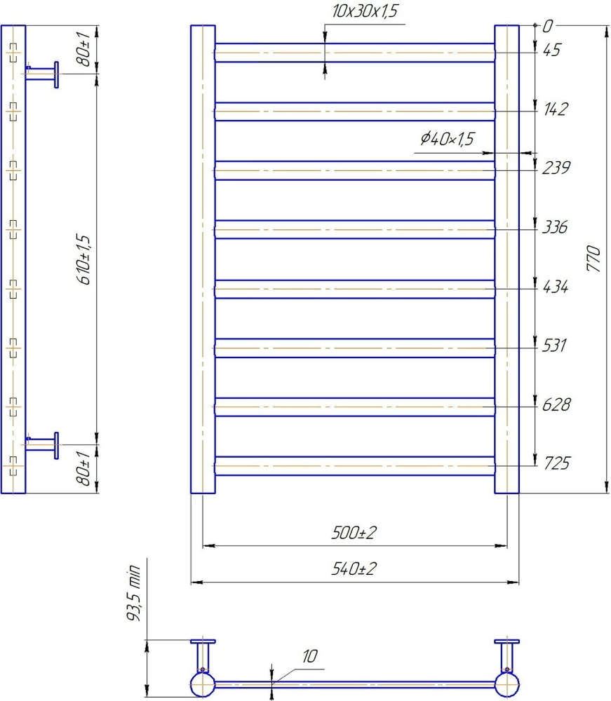 Габаритные размеры Полотенцесушитель водяной Mario INOX Модена 770х540/500