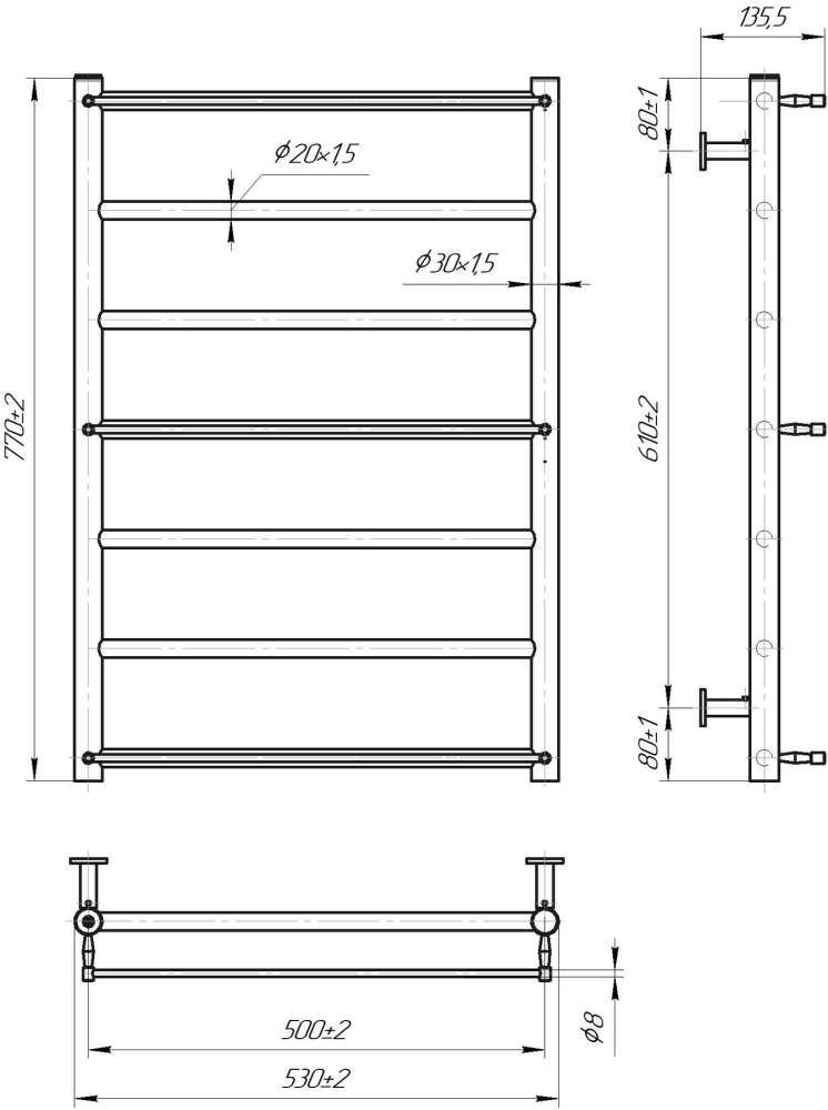 Габаритні розміри Рушникосушка водяна Mario INOX Одісей 770х530/500
