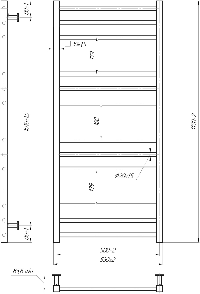 Габаритные размеры Полотенцесушитель водяной Mario INOX Премиум Классик 1170х540/500