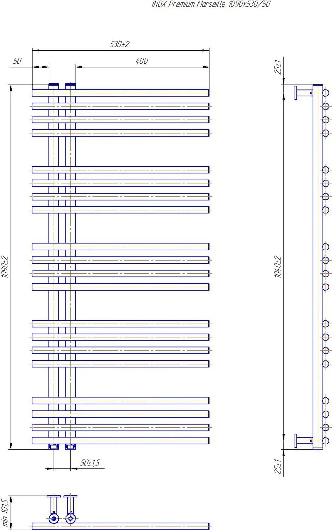 Габаритные размеры Полотенцесушитель водяной Mario INOX Премиум Марсель 1090х530/50