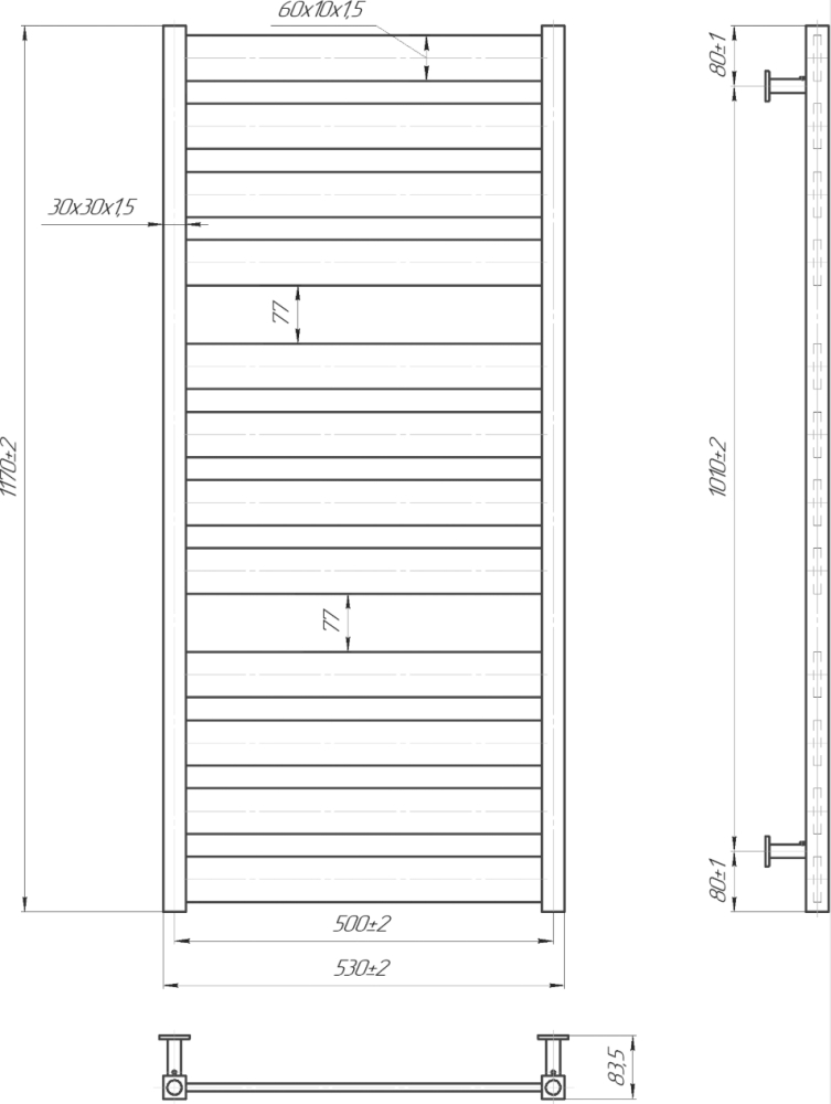 Габаритные размеры Полотенцесушитель водяной Mario INOX Санти 1170х530/500