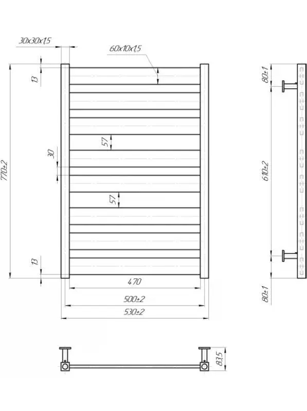 Габаритные размеры Полотенцесушитель водяной Mario INOX Санти 770х530/500