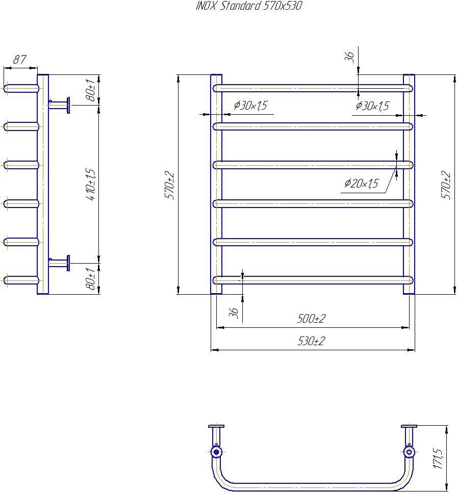 Габаритні розміри Рушникосушка водяна Mario INOX Стандарт 570х530/500