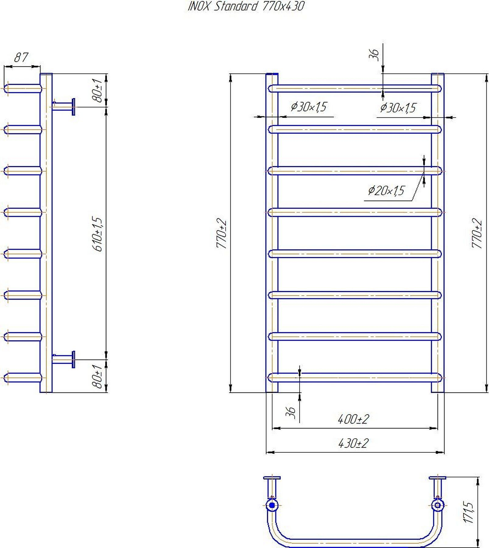 Габаритні розміри Рушникосушка водяна Mario INOX Стандарт 770х430/400