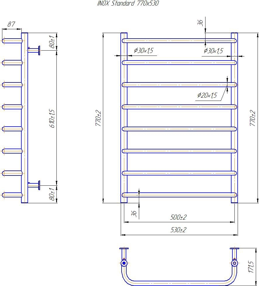 Габаритні розміри Рушникосушка водяна Mario INOX Стандарт 770х530/500