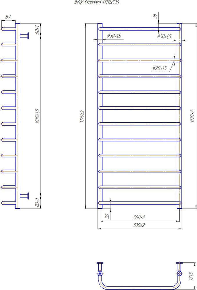Габаритні розміри Рушникосушка водяна Mario INOX Стандарт 970х530/500