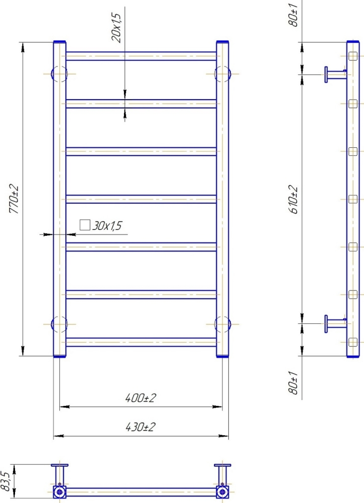 Габаритные размеры Полотенцесушитель водяной Mario INOX Токио 770х430/400