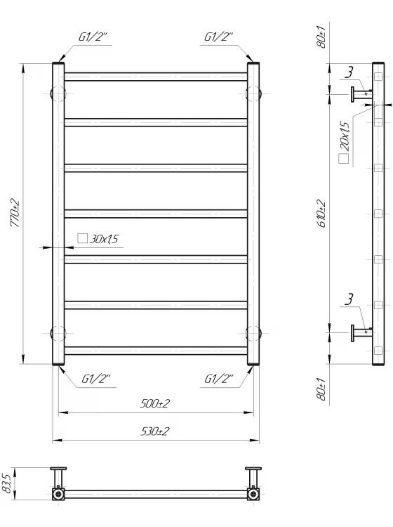 Габаритні розміри Рушникосушка водяна Mario INOX Токіо 770х530/500