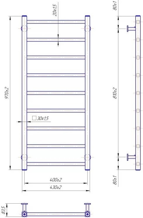 Габаритні розміри Рушникосушка водяна Mario INOX Токіо 970х430/400