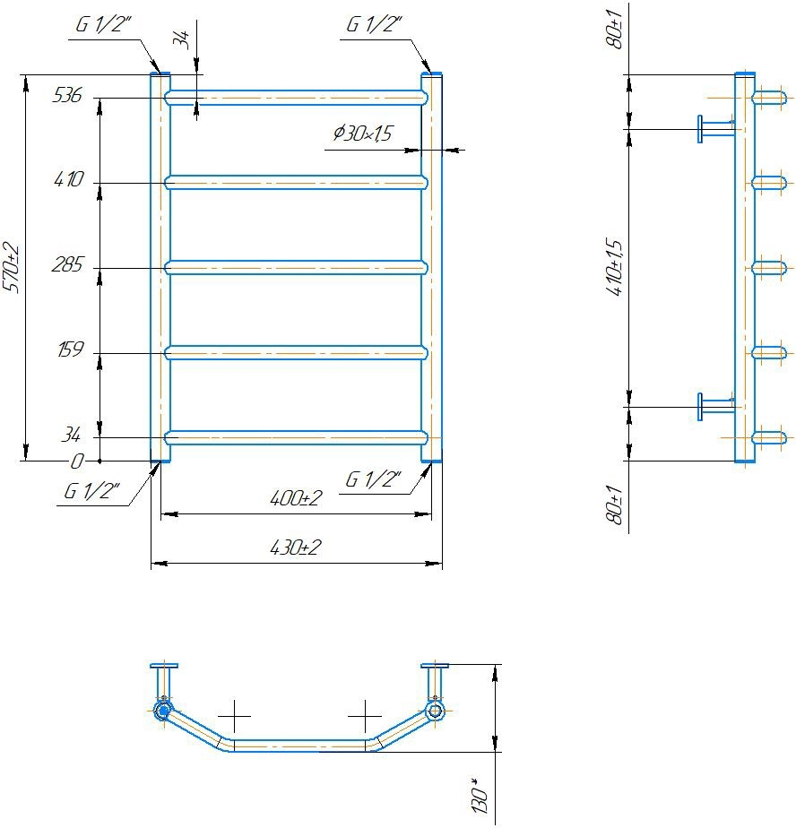 Габаритные размеры Полотенцесушитель водяной Mario INOX Трапеция 570х430/400