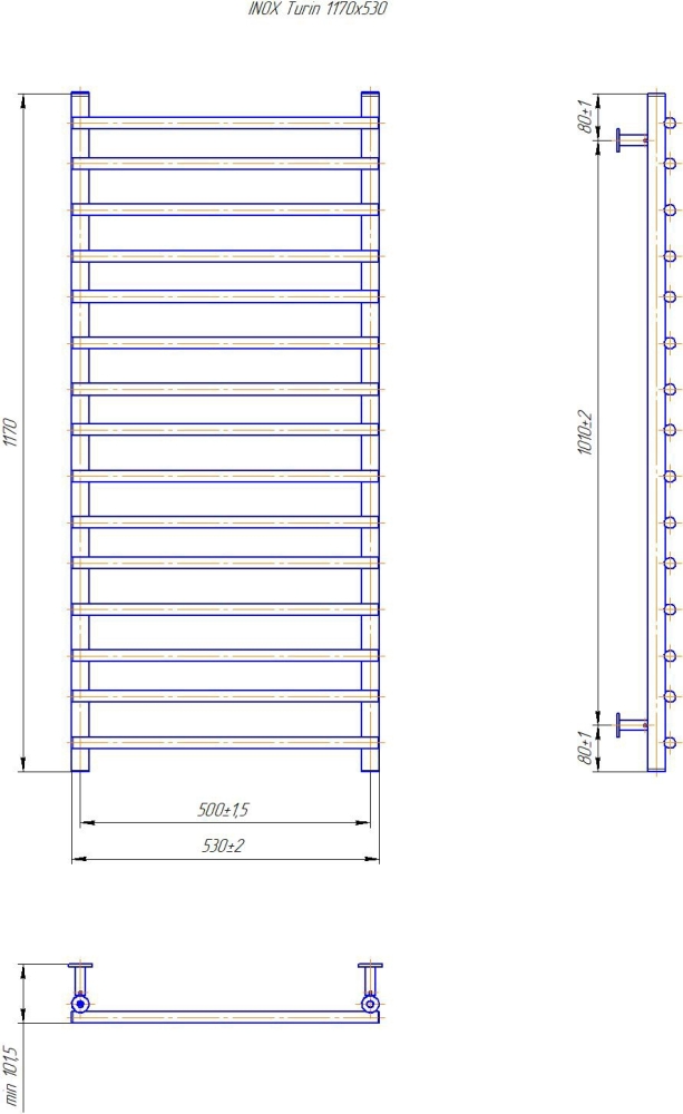 Габаритні розміри Рушникосушка водяна Mario INOX Турин 1170х530/500