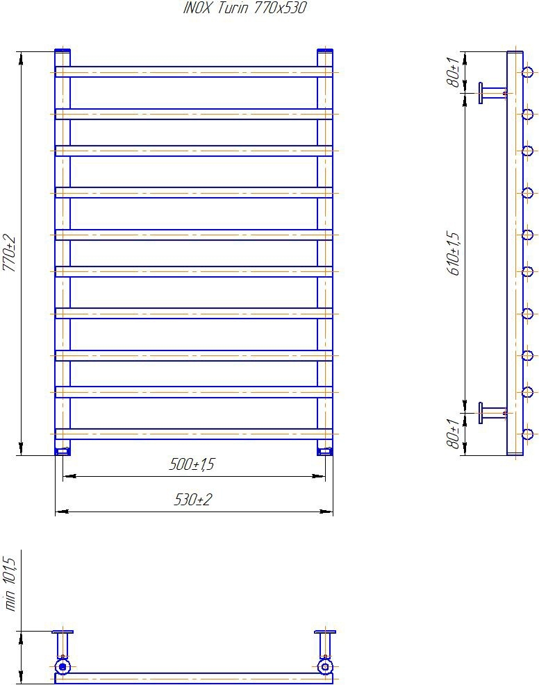 Габаритные размеры Полотенцесушитель водяной Mario INOX Турин 770х530/500